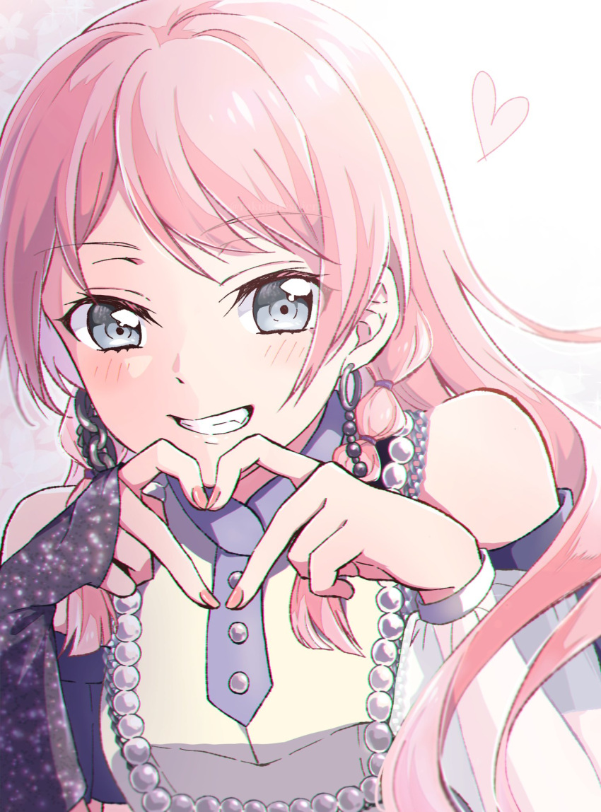 1girl, 4-finger_heart_hands, bang_dream!, bang_dream!_it's_mygo!!!!!, chihaya_anon, clenched_teeth, clothing_cutout, commentary, earrings, grey_eyes, heart, heart_hands, highres, jewelry, long_hair, long_sleeves, looking_at_viewer, pink_hair, rakugakishieri, shoulder_cutout, solo, teeth, upper_body