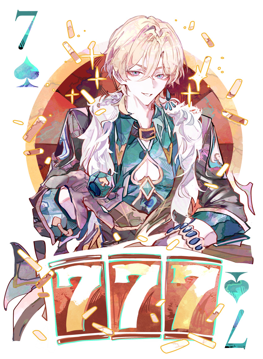 1boy, 7_(number), absurdres, aventurine_(honkai:_star_rail), belt, black_belt, black_gloves, black_jacket