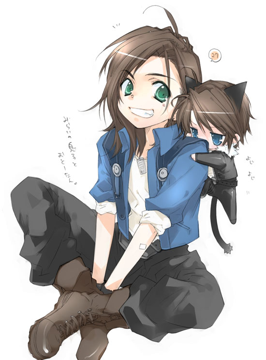 2boys, age_difference, blue_eyes, brown_hair, cat_ears, chibi, father_and_son, final_fantasy