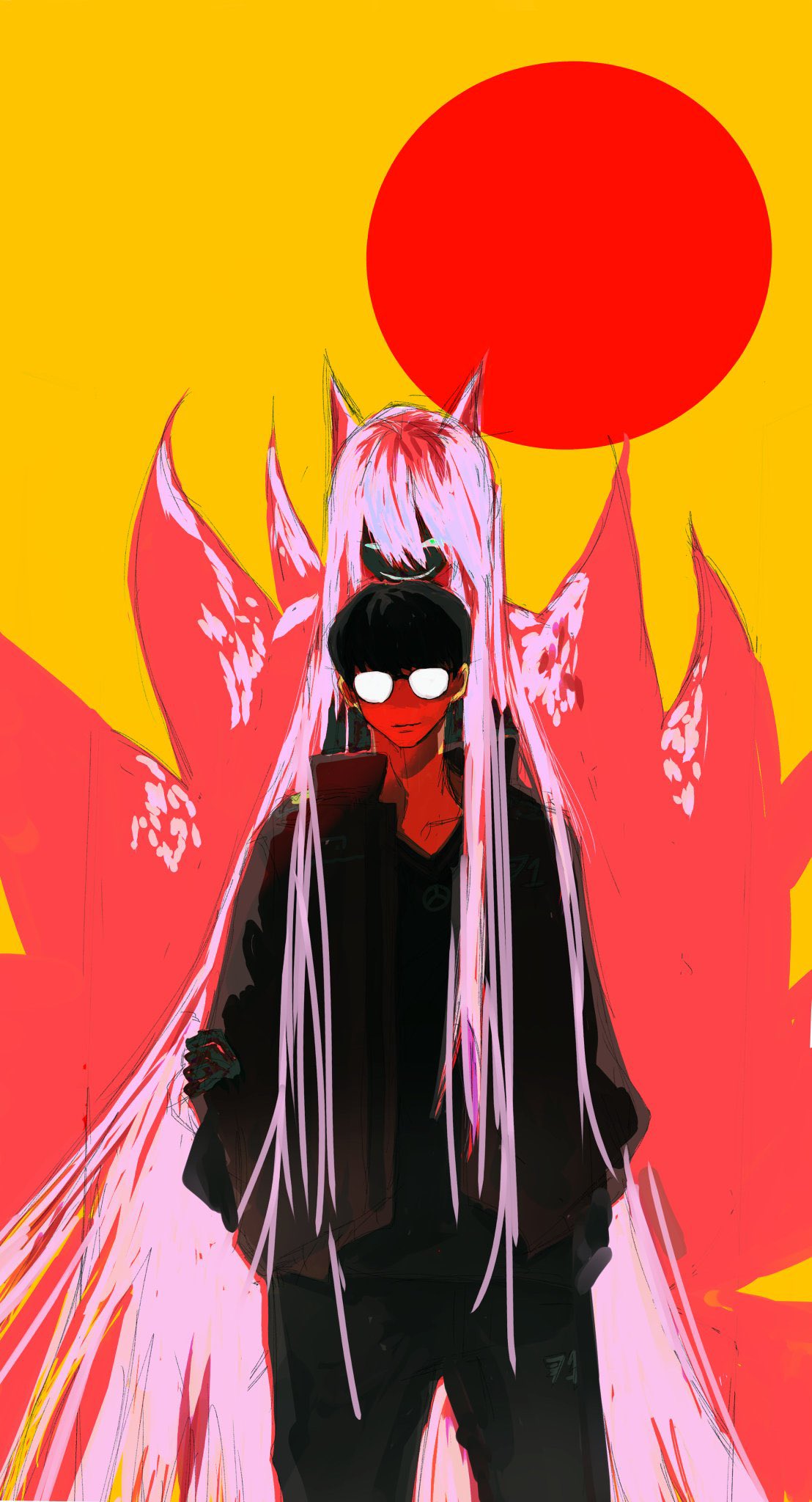 ahri_(league_of_legends), animal_ears, black_jacket, black_pants, esports, faker_(gamer), fox_ears, fox_girl