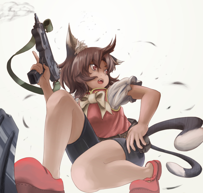 animal_ears, bike_shorts, brown_hair, cat_ears, cat_tail, chen, fangs, gun