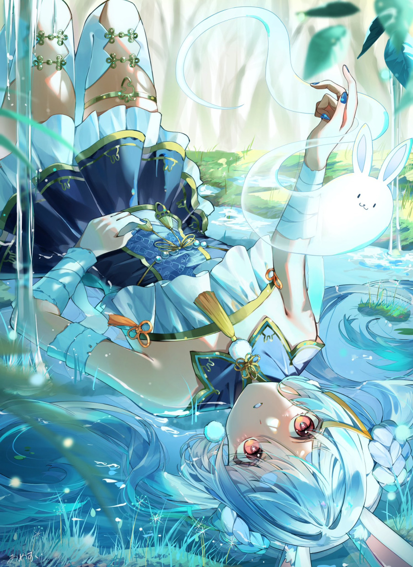 1girl, amesui, animal_ears, bandaged_arm, bandages, blue_dress, blue_hair, blue_nails