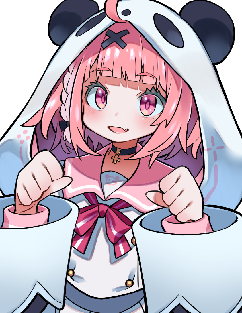 1girl, absurdres, animal_hood, braid, choker, clenched_hands, cross, cross_choker