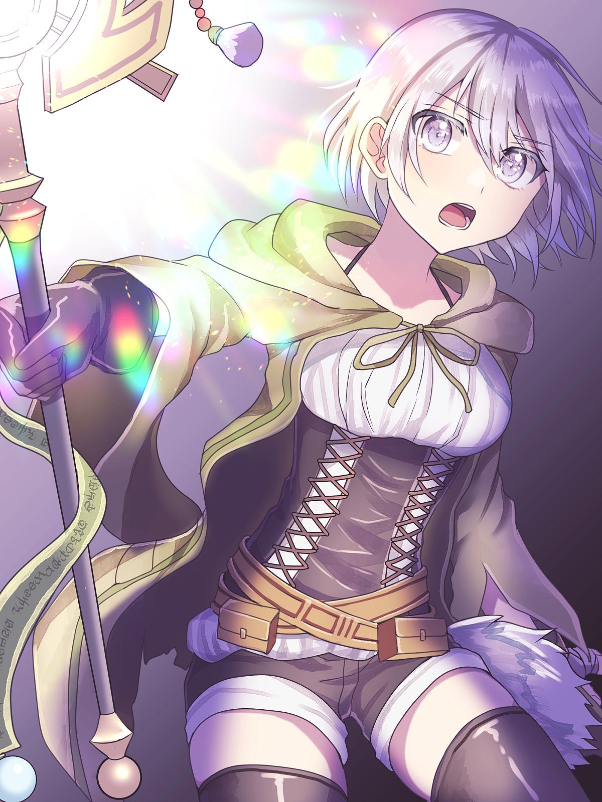 1girl, black_gloves, black_thighhighs, breasts, corset, duel_monster, gloves, grey_background, highres, holding, holding_scepter, large_breasts, long_sleeves, lyna_(yu-gi-oh!), lyna_the_light_charmer, open_mouth, pinyata_(pinyaland), scepter, short_hair, simple_background, solo, teeth, thigh-highs, white_eyes, white_hair, yu-gi-oh!, zettai_ryouiki