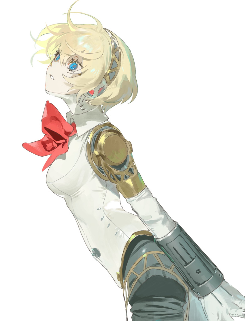 1girl, aigis_(persona), android, blonde_hair, blue_eyes, bow, bowtie, breasts