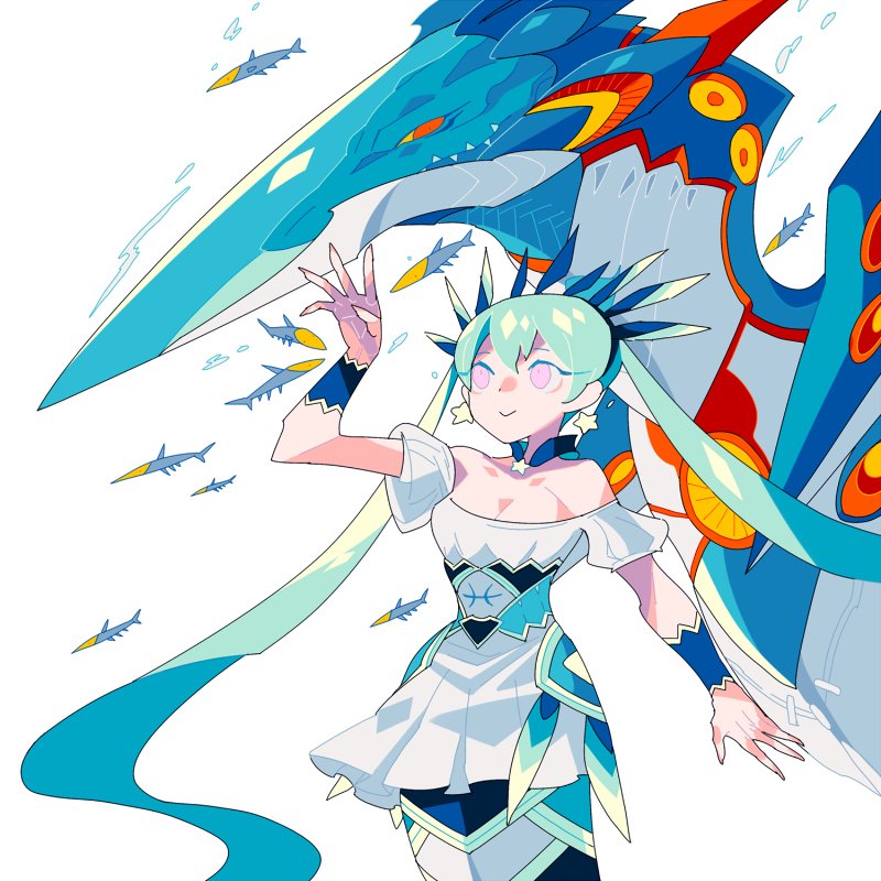 1girl, animal, blue_hair, breasts, cowboy_shot, dress, eda, fish