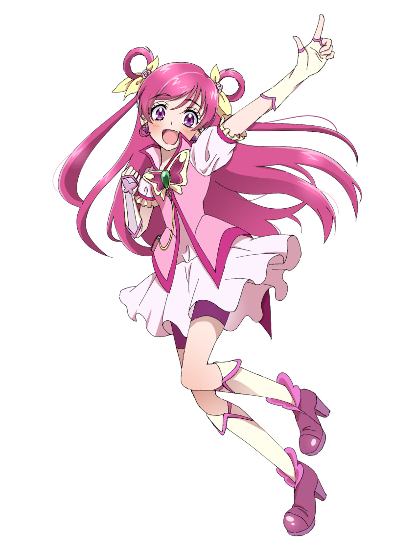 1girl, bike_shorts, blush, boots, bow, butterfly_brooch, butterfly_earrings, cure_dream