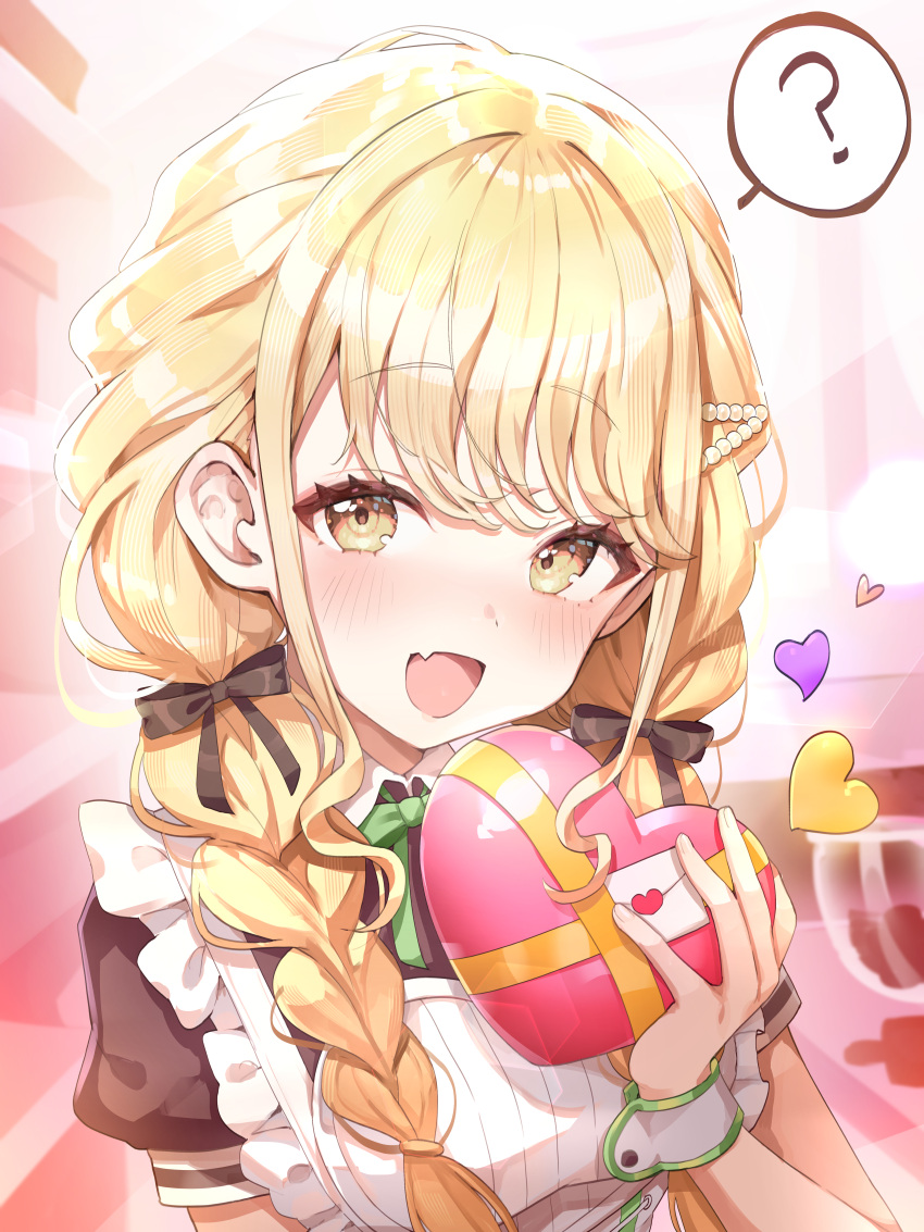 1girl, ?, absurdres, apron, black_ribbon, blonde_hair, blush, bracelet