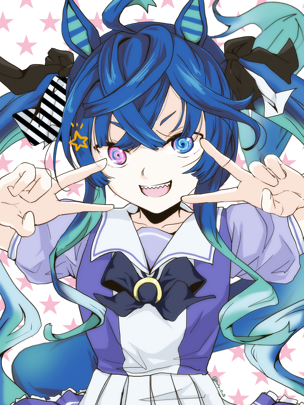1girl, ahoge, animal_ears, aqua_hair, blue_eyes, blue_hair, crossed_bangs, double_v, ear_covers, gradient_hair, heterochromia, highres, horse_ears, horse_girl, kifuyu, long_hair, looking_at_viewer, multicolored_hair, sailor_collar, school_uniform, sharp_teeth, solo, teeth, tracen_school_uniform, twin_turbo_(umamusume), twintails, umamusume, v, violet_eyes