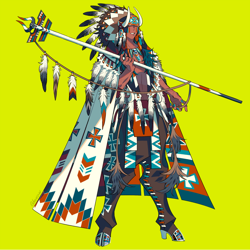 1boy, baggy_pants, blue_hair, cloak, dark-skinned_male, dark_skin, eda, fake_horns
