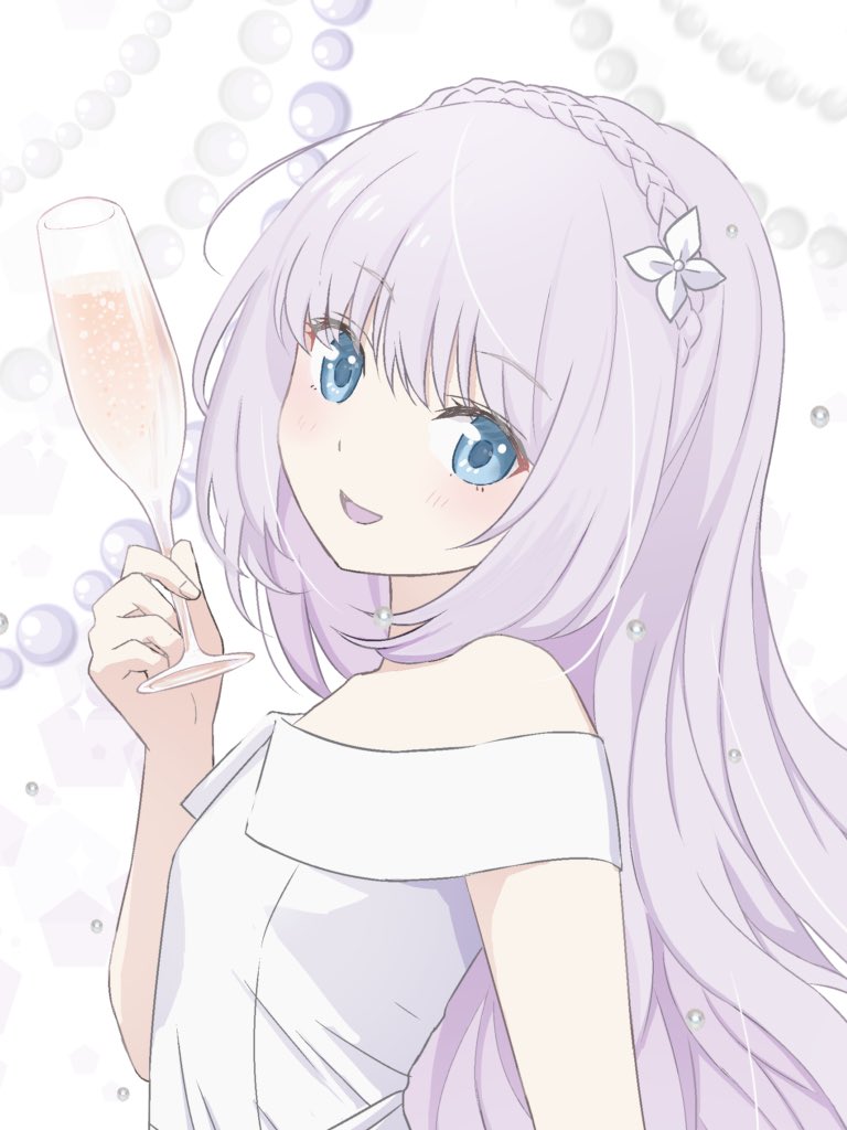 1girl, :d, bare_shoulders, blue_eyes, braid, champagne_flute, commentary, crown_braid