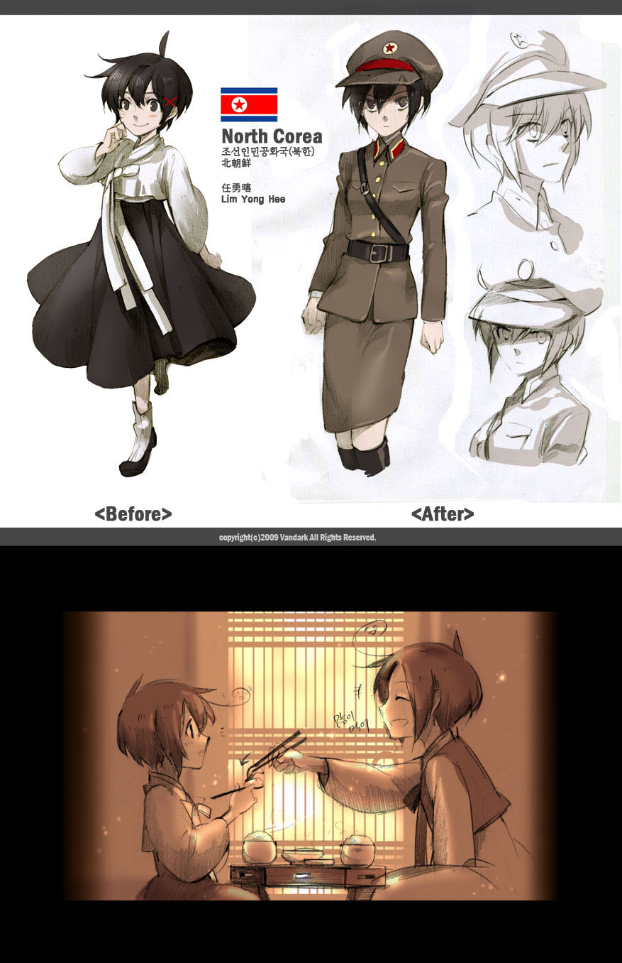 1girl, ahoge, axis_powers_hetalia, before_and_after, black_hair, blush, brown_eyes, chopsticks