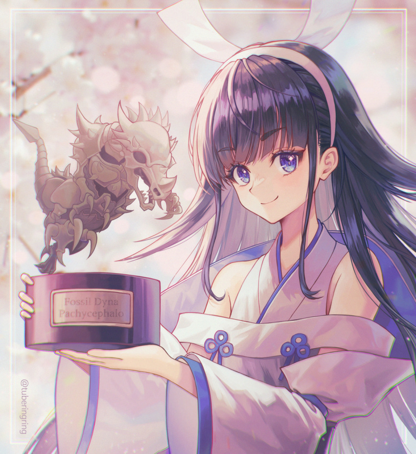 1girl, black_hair, blue_eyes, character_name, cherry_blossoms, detached_sleeves, duel_monster, fossil_dyna_pachycephalo, hairband, highres, holding, holding_trophy, japanese_clothes, kimono, looking_at_viewer, nontraditional_miko, portrait, shinonome_the_vaylantz_priestess, smile, solo, trophy, tubering, white_kimono, yu-gi-oh!, yu-gi-oh!_master_duel