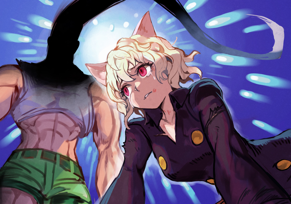 1boy, 1girl, animal_ears, blue_shirt, breasts, cat_ears, cat_girl, eyelashes, from_below, furrowed_brow, gon-san, gon_freecss, hair_between_eyes, hankuri, hunter_x_hunter, large_breasts, long_hair, long_sleeves, looking_up, monster_girl, muscular, muscular_male, neferpitou, parody, red_eyes, shirt, short_hair, short_shorts, shorts, street_fighter, street_fighter_iii_(series), tank_top, tears, very_long_hair, wavy_hair, white_hair, white_tank_top