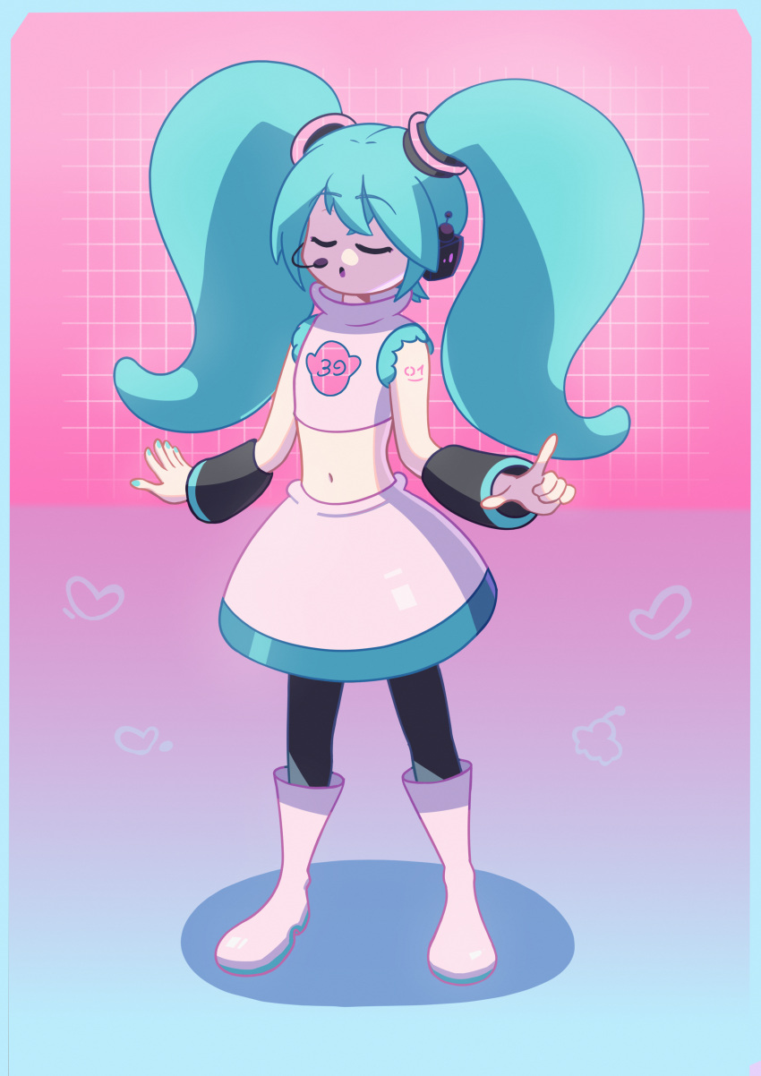 1girl, 39, absurdres, aqua_hair, aqua_nails, black_sleeves, dress, hatsune_miku, headphones, headset, highres, long_hair, sawaropi, skirt, solo, space, space_channel_5, standing, twintails, vocaloid, white_dress