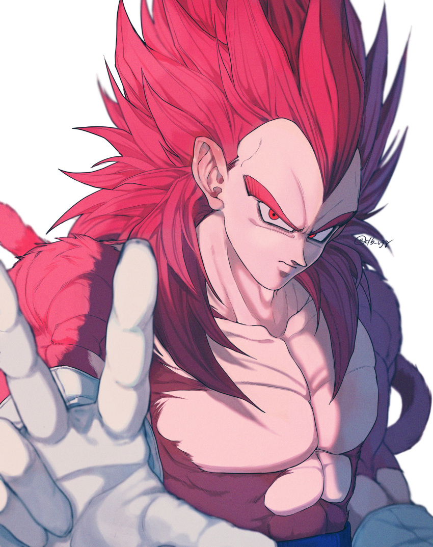 1boy, absurdres, artist_name, db_vg8, dragon_ball, dragon_ball_daima, gloves, highres, large_pectorals, male_focus, muscular, muscular_male, pectorals, red_eyes, red_hair, signature, super_saiyan, super_saiyan_4, vegeta, white_gloves