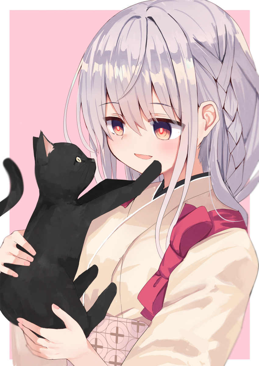 1girl, :d, \||/, absurdres, animal, black_cat, blush, border