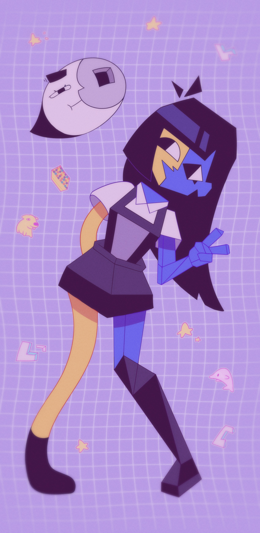 2girls, absurdres, black_hair, black_skirt, blue_skin, colored_skin, disembodied_head, ena_(joel_g)