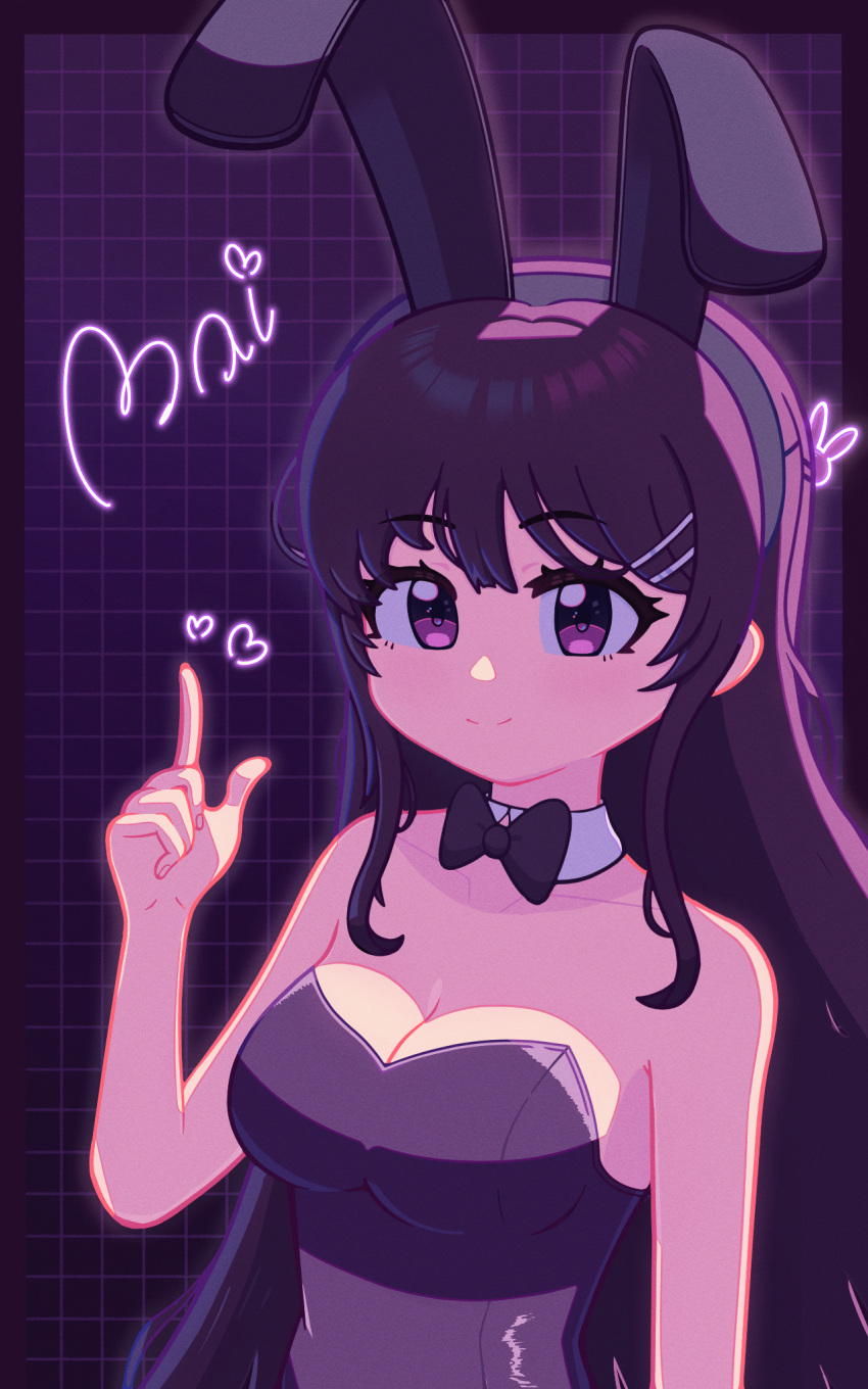 1girl, animal_ears, black_bow, black_bowtie, black_hair, black_leotard, bow, bowtie, breasts, detached_collar, fake_animal_ears, hair_ornament, hairclip, highres, leotard, long_hair, playboy_bunny, rabbit_ears, rabbit_hair_ornament, sakurajima_mai, sawaropi, seishun_buta_yarou, solo, strapless, strapless_leotard