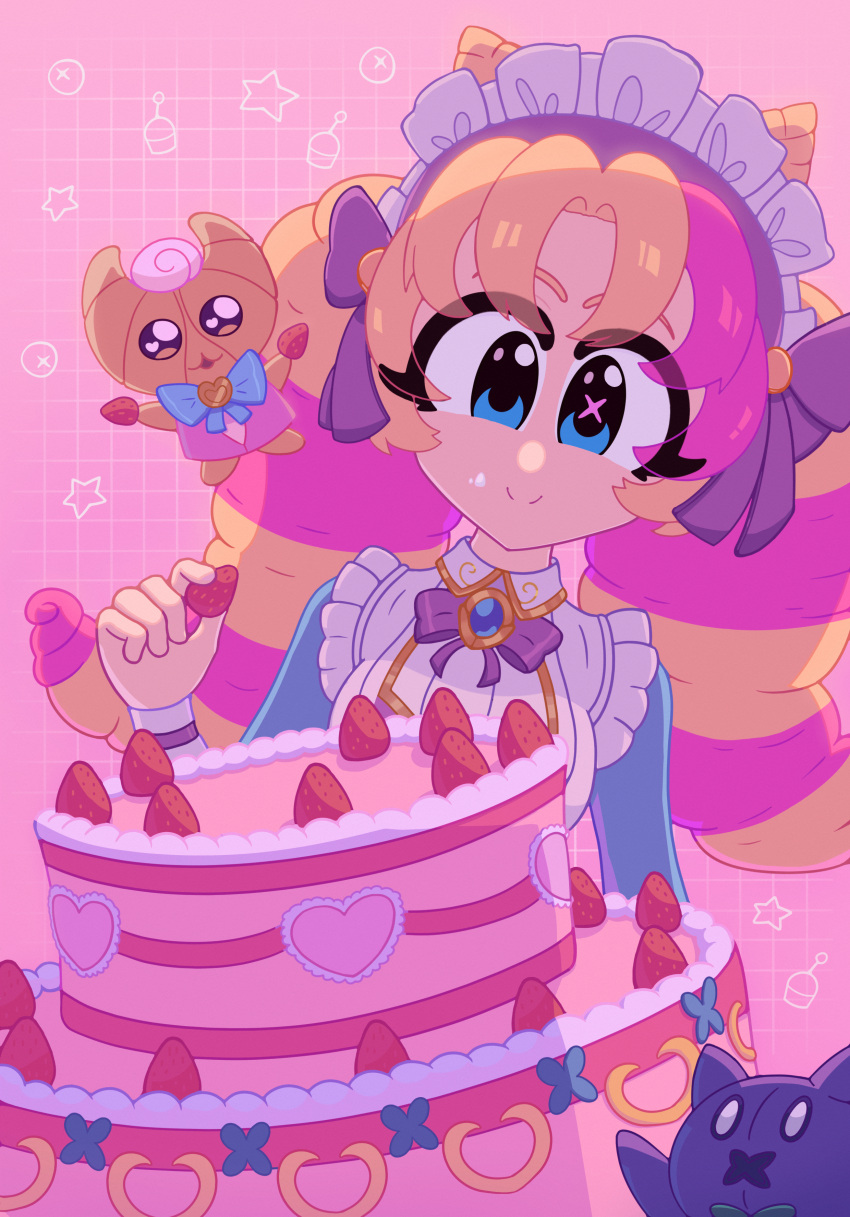 1girl, absurdres, blue_eyes, cafe_cuties_(league_of_legends), cafe_cuties_gwen, cake, dress, drill_hair