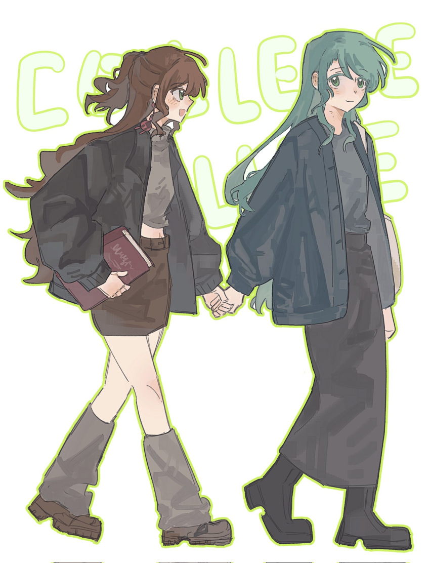 2girls, alternate_costume, bang_dream!, black_boots, black_coat, black_skirt, blush, book
