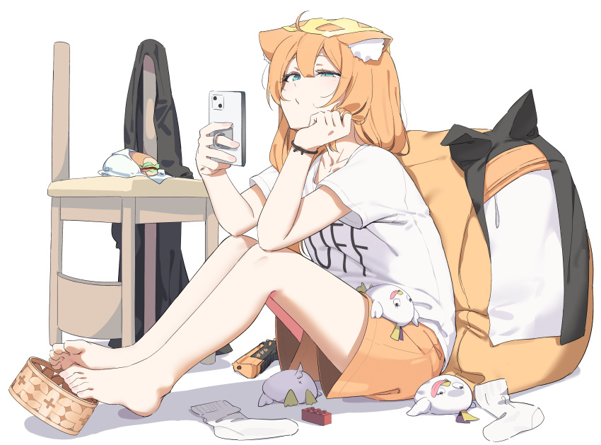 1girl, absurdres, ahoge, alternate_costume, animal_ear_fluff, animal_ears, barefoot, bean_bag_chair