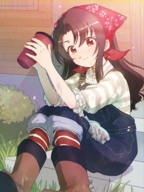 1girl, asymmetrical_bangs, bandana, black_hair, blue_overalls, blunt_bangs, boots, brick_wall, brown_boots, bush, cup, dress_shirt, en_trtr, eyelashes, frilled_sleeves, frills, gloves, grass, hairband, holding, holding_cup, idolmaster, idolmaster_million_live!, idolmaster_million_live!_theater_days, light_smile, long_hair, looking_at_viewer, overalls, overalls_rolled_up, parted_bangs, red_bandana, red_eyes, red_socks, shirt, sitting, sitting_on_stairs, socks, solo, stairs, striped_clothes, striped_shirt, striped_socks, takayama_sayoko, unworn_gloves, wavy_ends, white_shirt, wing_collar