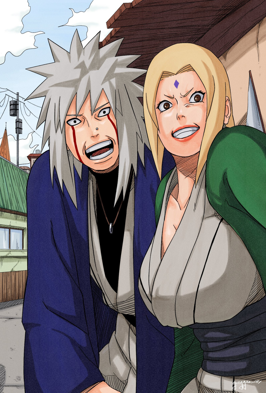 1boy, 1girl, artist_name, blonde_hair, collar, facial_mark, gonggae_1111, highres, house, jiraiya_(naruto), naruto, naruto_(series), signature, smile, tsunade_(naruto), white_hair