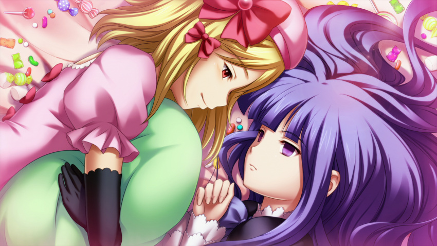 16:9, 2girls, bed, blonde_hair, bow, bows, candies, candy, dress, elbow_gloves, empty_eyes, frederica_bernkastel, game_cg, gloves, highres, lambdadelta, lying, multiple_girls, pillow, pink_dress, purple_eyes, purple_hair, red_eyes, sweets, umineko_no_naku_koro_ni, wallpaper