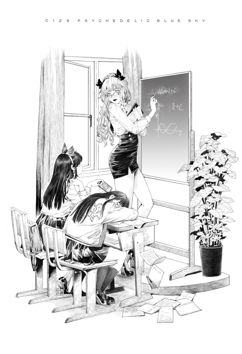 3girls, absurdres, artist_name, bag, book, chair, chalk, chalkboard