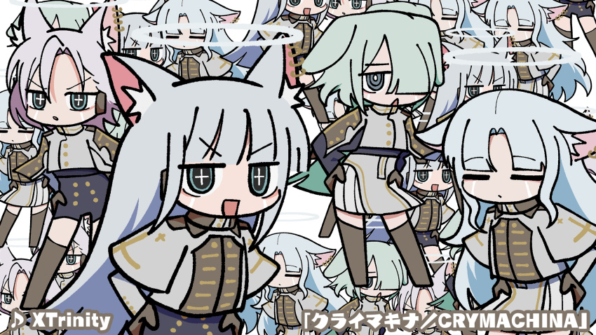 4girls, :d, animal_ear_fluff, animal_ear_piercing, animal_ears, asymmetrical_bangs, blue_hair, blue_shorts