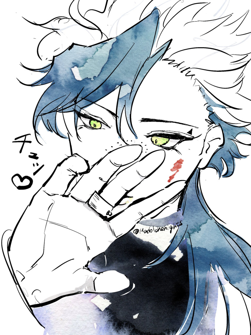 1boy, artist_name, blood, blood_on_face, blue_hair, character_request, commentary_request, freckles