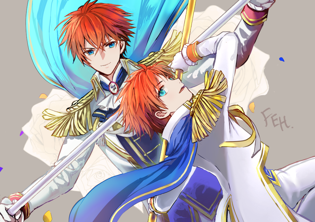 2boys, blue_eyes, cape, commentary_request, eliwood_(fire_emblem), eliwood_(groom)_(fire_emblem), epaulettes, father_and_son
