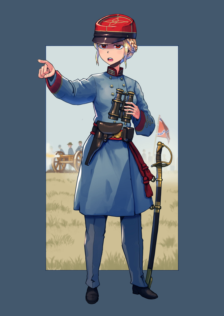 1girl, absurdres, american_civil_war, binoculars, blue_coat, blue_pants, boots, cannon