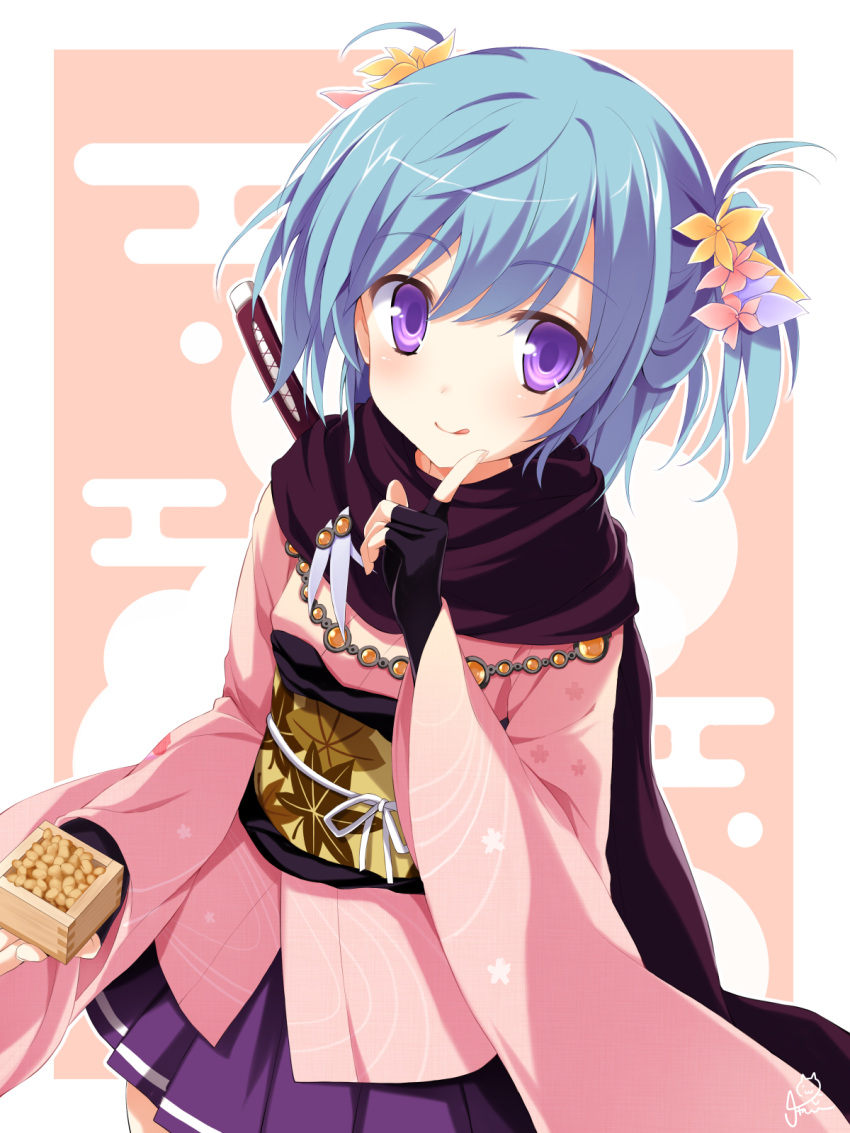 1girl, :q, beans, black_gloves, black_scarf, blue_hair, blush, border