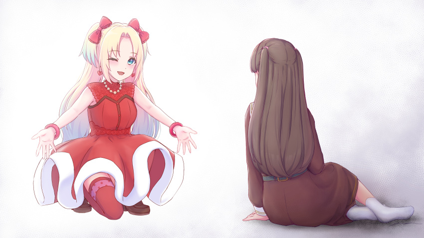 2girls, ;d, absurdres, blonde_hair, blue_eyes, blue_hair, blush, bow