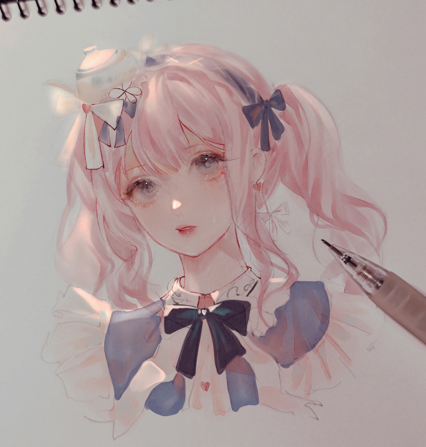 1girl, absurdres, argyle_clothes, argyle_hairband, art_tools_in_frame, black_bow, black_bowtie, blue_bow, blue_hairband, blue_vest, bow, bow_earrings, bowtie, buttons, character_request, chinese_commentary, collared_shirt, commentary_request, cropped_torso, crying, crying_with_eyes_open, earrings, eyelashes, eyeshadow, frilled_shirt_collar, frilled_vest, frills, grey_eyes, hair_between_eyes, hair_bow, hair_ornament, hairband, heart, heart_button, heart_hair_ornament, highres, jewelry, jiaopiupiu, lipstick, long_hair, makeup, multiple_hair_bows, nikki_(series), open_clothes, open_vest, parted_lips, photo_(medium), pink_eyeshadow, pink_hair, red_lips, sad, shining_nikki, shirt, sidelocks, solo, streaming_tears, teapot, tears, teeth, traditional_media, twintails, vest, wavy_hair, white_bow, white_shirt