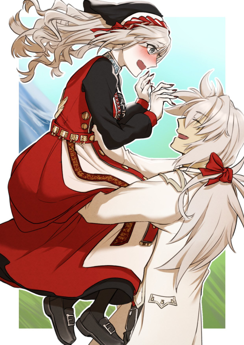 1boy, 1girl, bandana, black_sleeves, blush, breasts, dress, fate/grand_order