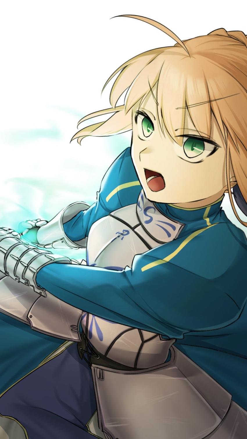 1girl, ahoge, armor, armored_dress, artoria_pendragon_(fate), blonde_hair, blue_dress, blue_ribbon