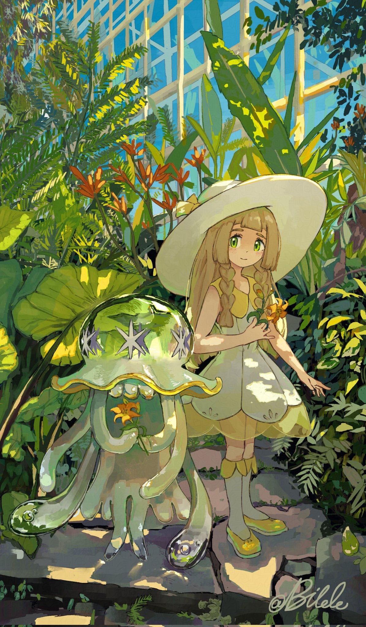 2girls, artist_name, bbibebe, blonde_hair, blunt_ends, boots, braid, closed_mouth, commentary_request, dress, flower, green_eyes, greenhouse, hat, highres, holding, holding_flower, indoors, lillie_(pokemon), long_hair, looking_at_viewer, multiple_girls, nihilego, orange_flower, plant, pokemon, pokemon_sm, sidelocks, sitting, smile, standing, twin_braids, white_boots, white_dress, white_hat