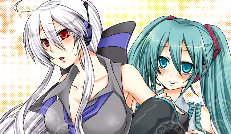 2sky, aqua_eyes, aqua_hair, blush, bow, breasts, hair_bow, hatsune_miku, headphones, headset, large_breasts, multiple_girls, ponytail, red_eyes, smile, twintails, vocaloid, white_hair, yowane_haku