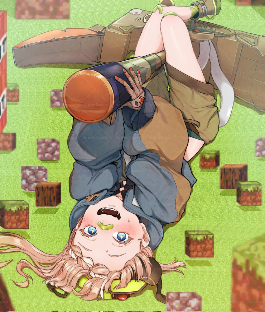 1girl, bandaid, bandaid_on_face, bandaid_on_nose, blue_eyes, blue_jacket, blush, boots