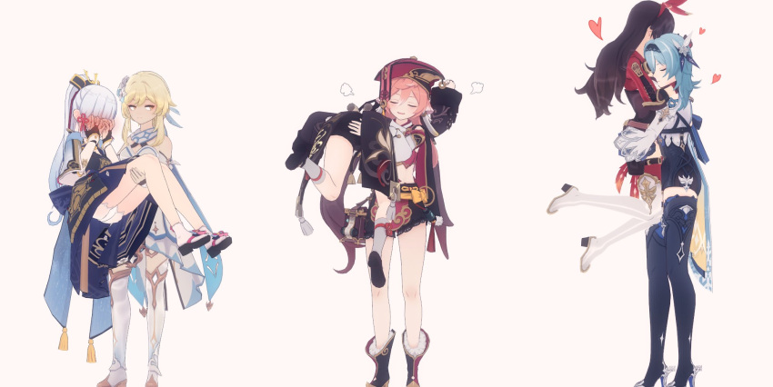 6+girls, amber_(genshin_impact), black_boots, black_dress, black_hair, black_hairband, black_jacket, black_shoes, black_shorts, black_skirt, black_suspenders, blonde_hair, blue_hair, blue_trim, blush, blush_visible_through_hands, boots, bow, caldier_fshh, capelet, carrying, carrying_over_shoulder, carrying_person, clenched_hand, closed_eyes, collar, couple, cropped_shirt, double-parted_bangs, dress, english_commentary, eula_(genshin_impact), feet_out_of_frame, flower, full-face_blush, full-leg_boots, genshin_impact, gold_belt, gold_shoes, gold_trim, hair_between_eyes, hair_bow, hair_flower, hair_ornament, hairband, hands_on_own_face, harness, hat, heart, high_heels, highres, hu_tao_(genshin_impact), hug, jacket, kamisato_ayaka, light_blush, long_hair, long_sidelocks, long_sleeves, looking_to_the_side, lumine_(genshin_impact), medium_hair, midriff, multicolored_boots, multiple_girls, navel, parted_lips, pink_hair, ponytail, princess_carry, puff_of_air, red_boots, red_bow, red_hat, red_jacket, red_shorts, red_skirt, red_stripes, shirt, shoes, short_hair, shorts, sidelocks, simple_background, single_horizontal_stripe, skirt, sleeveless, sleeveless_dress, sleeves_past_wrists, smile, smug, socks, split_mouth, strapless, strapless_dress, tassel, thigh-highs, two-tone_boots, two-tone_shorts, white_background, white_boots, white_capelet, white_collar, white_dress, white_hair, white_shirt, white_socks, white_thighhighs, wide_sleeves, xiezhi_guan, yanfei_(genshin_impact), yellow_eyes, yuri, zettai_ryouiki