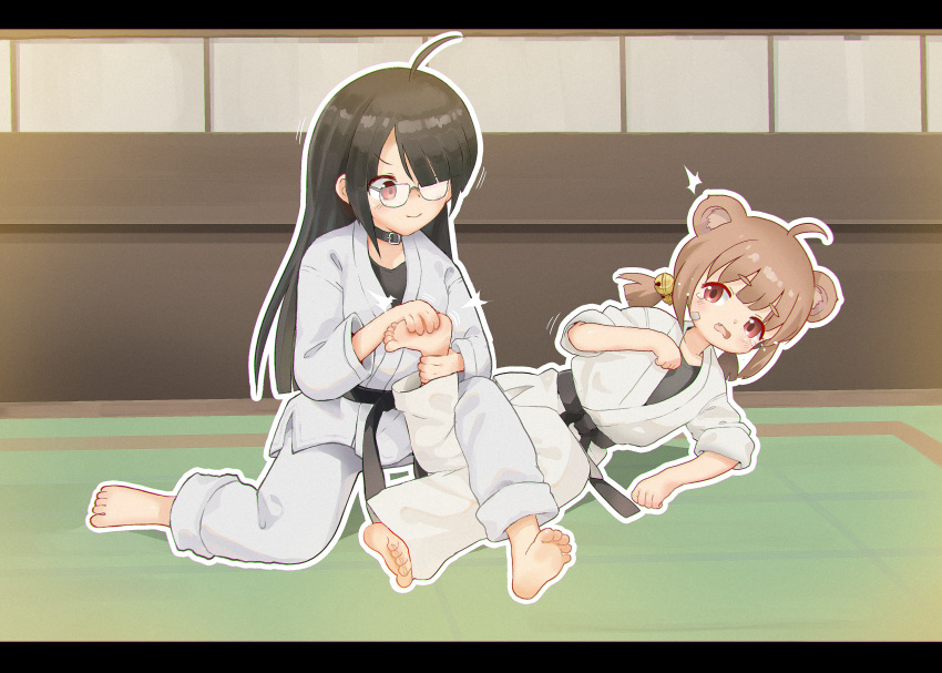 2girls, ^^^, absurdres, ahoge, animal_ears, asymmetrical_bangs, barefoot, bear_ears