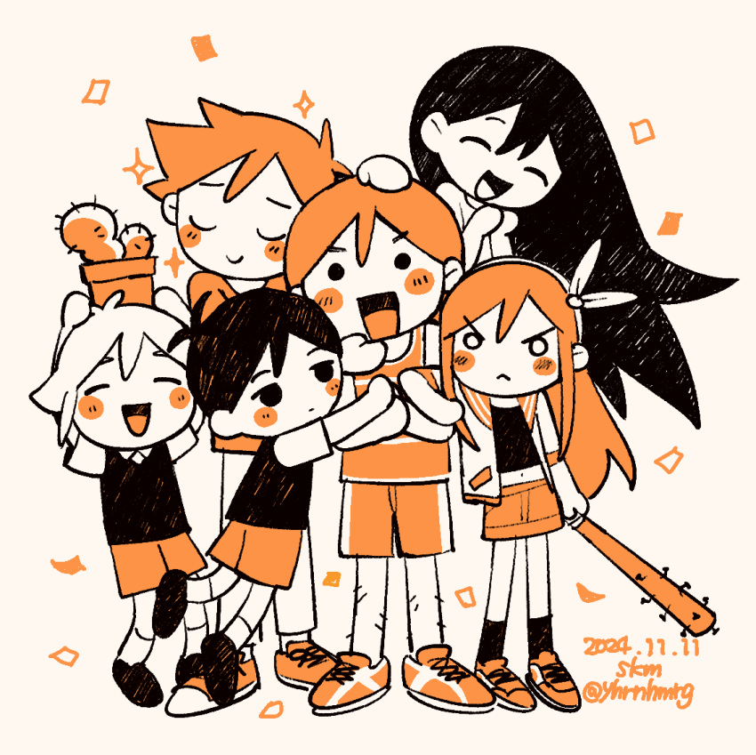 2girls, 4boys, 4kkrbk, arms_up, artist_name, aubrey_(faraway)_(omori), aubrey_(omori), baseball_bat