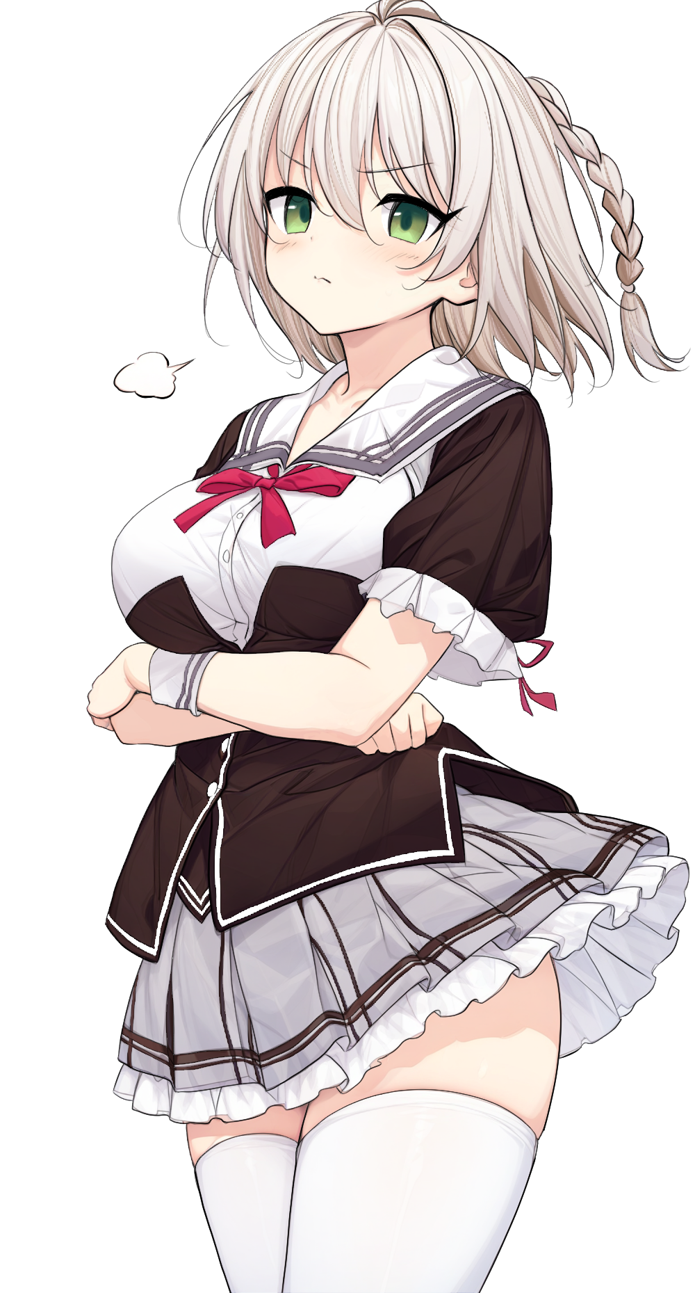 1girl, arms_under_breasts, black_corset, blush, braid, breasts, closed_mouth, commentary_request