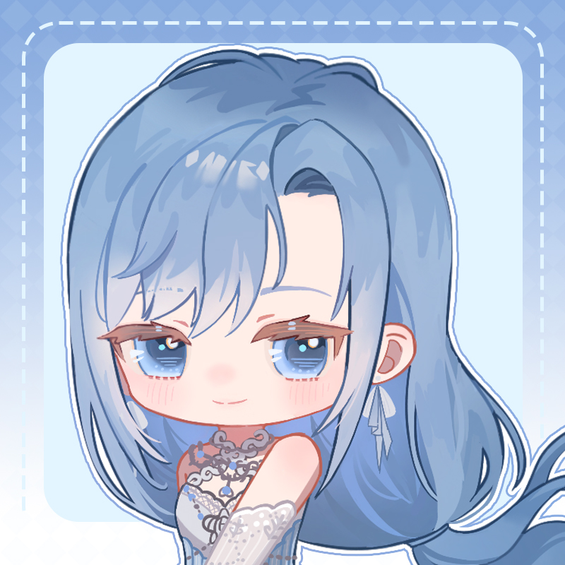 1girl, argyle_border, bare_shoulders, blue_background, blue_border, blue_eyes, blue_hair, blue_theme, border, bow, bow_earrings, chibi, chinese_commentary, closed_mouth, commentary_request, daughter_of_the_lake_(infinity_nikki), detached_sleeves, dotted_line, dress, earrings, eyelashes, gradient_background, grey_bow, grey_dress, hair_between_eyes, happy, infinity_nikki, jewelry, light_blush, long_hair, low-tied_long_hair, low_ponytail, necklace, nikki_(series), outside_border, ponytail, shendu_youyu, smile, solo, strapless, strapless_dress, striped_clothes, upper_body, vertical-striped_clothes, vertical-striped_sleeves, very_long_hair, white_sleeves