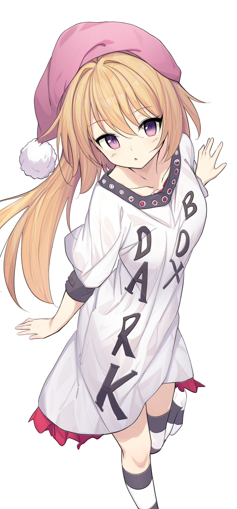 1girl, blue_pajamas, brown_hair, clothes_writing, collarbone, commentary_request, english_text, foot_out_of_frame