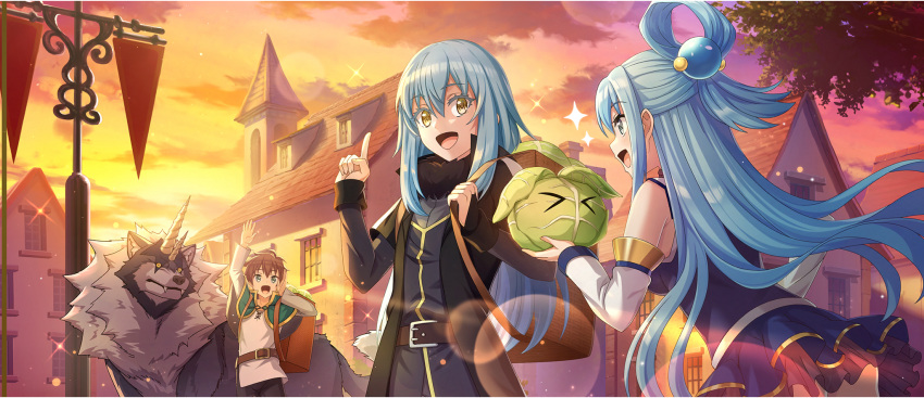 1boy, 1girl, 1other, animal, aqua_(konosuba), arm_up, armpit_crease, ass