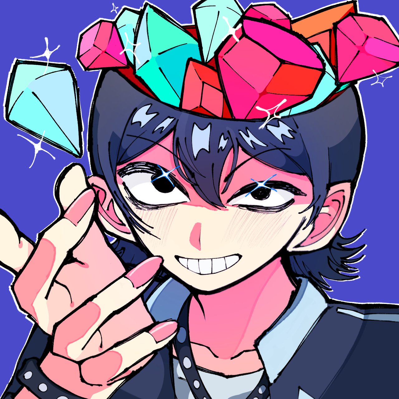 1boy, black_eyes, black_hair, blue_background, collarbone, collared_shirt, english_commentary, fake_type, foreshortening, gem, grin, hair_between_eyes, hand_up, highres, long_sleeves, looking_at_viewer, male_focus, meiru_5555, mister_jewel_box, open_skull, outline, portrait, shirt, short_hair, simple_background, smile, sparkle, teeth, tophamhat-kyo, white_outline